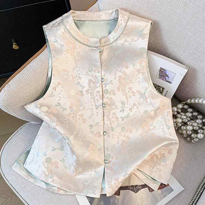 春季 レディース チャイナ風 刺繍 馬甲 背心 外套 綿混 ポリエステル 繊維 切り替え デザイン 気質 優雅 スタイル トップス 軽量 伸縮性 吸湿速乾 素材 ロング丈 丸首 単排ボタン ワンピース 風 ゆったり シルエット 春夏 コーディネート アイ