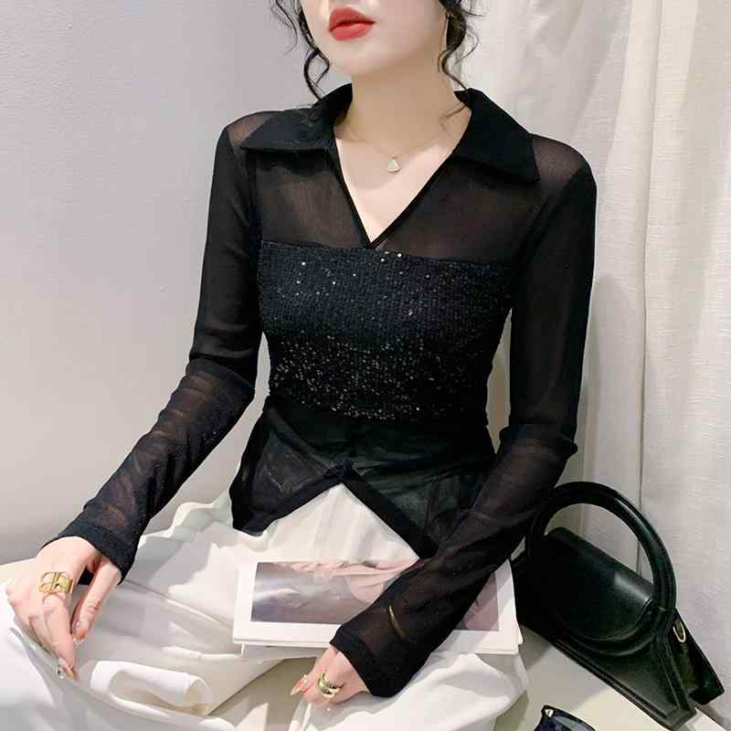 Tシャツ レディース 長袖 Vネック 切り替え ネット素材 セクシー 春夏 通勤風 修身シルエット 気質 欧風 ファッション シースルー ブラック ピンク系 アイボリー 伸縮性 軽量 吸湿速乾 トップス ブラウス 普段使い レイヤード 百搭 上品 トレン