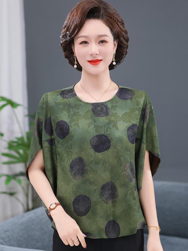 Tシャツ レディース 夏 2025 中高年向け ファッション 短袖 トップス 蝙蝠袖 ワイドシルエット ゆったり 3D プリント 接触冷感 再生繊維 ストレッチ 七分袖 セットインスリーブ 丸首 赤 緑 3D 立体柄 印花加工 普通丈 韓国風 カジュアル