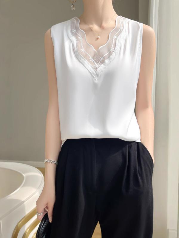 ノースリーブ Tシャツ 女性用 吊り下げ 夏用 インナー トップス ブラウス ワンピース風 ゆったり ルーズフィット Vネック 無袖 レース 切り替え デザイン 気質 通勤 スタイル 接触冷感 再生繊維 軽量 吸湿速乾 伸縮性 ピュアホワイト シャンパン