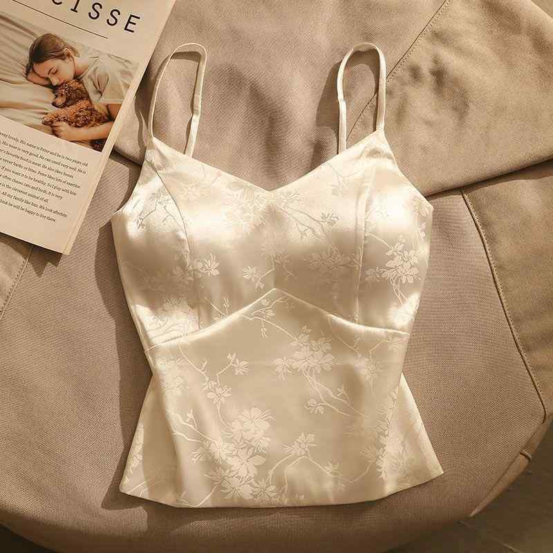 キャミソール 女性用 短丈 吊り帯 背心 トップス 修身シルエット 植物花柄 提花 ポリエステル素材 白色 ブラック 気質 セクシー 私服 普段使い 軽量 通勤 デート