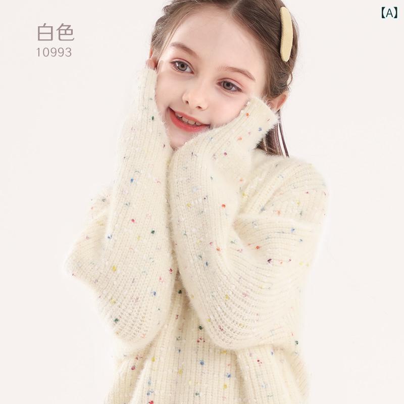 女児 トップス 長袖 ニットセーター 女の子 秋冬 保暖 かわいい 丸模様 丸首 セットインスリーブ 綿混 ポリエステル ライトベージュ ピンク パープル 伸縮性 柔らかい 普段使い 学校用 軽量 ポルカドット 柄物 幼児 大きめサイズ