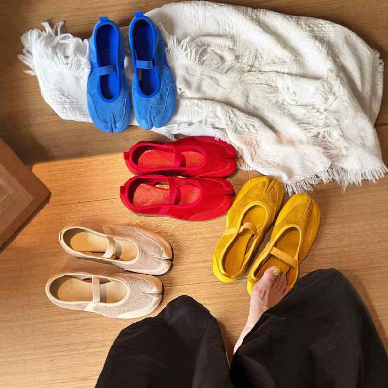 メアリージェーン シューズ 女性用 ピガーフット 分趾 バレエ フラット 低め 平底 牛皮 頭層牛皮 超軟 真皮 赤色 橙黄 中国紅 赤系 ピンク系 赤ブラウン 丸頭 低・悉 浅口 低跟 ピンカラー 切り替え ・靭色 夏 春 秋 通年 日常 普段使い 歩きや