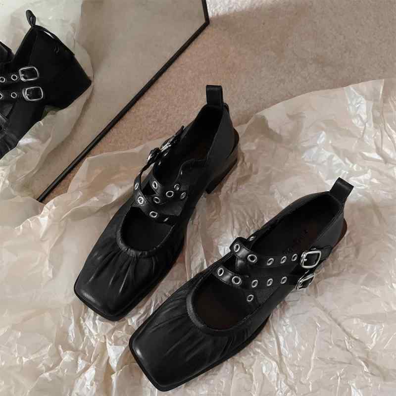 女性用 フラットシューズ メンズ風 バレエシューズ 粗中跟 クロスストラップ メアリージェーン シングルシューズ 真皮 二層牛革 金属装飾 尖頭デザイン 黒 低・悉 純色 日常使い 春夏秋 伸縮性 軽量 接触冷感 再生繊維 粘着底 ファスナー着脱 通用シー