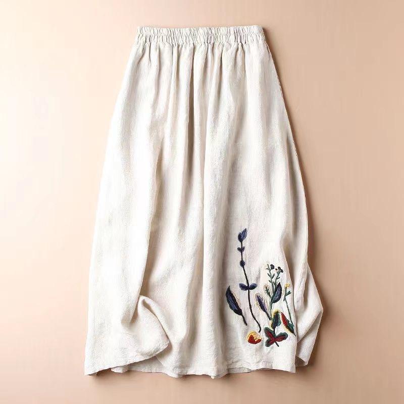 春夏 女性用 Aライン 中長丈 半身スカート 純麻 ストレッチ 切り替え 刺繍 無地 フレア スカート 百搭 スリム フィット ベーシック コットン 混 ライトウェイト 通勤 普段使い 私服 クラシック スタイル 麻本色 ブラック パープル グリーン か