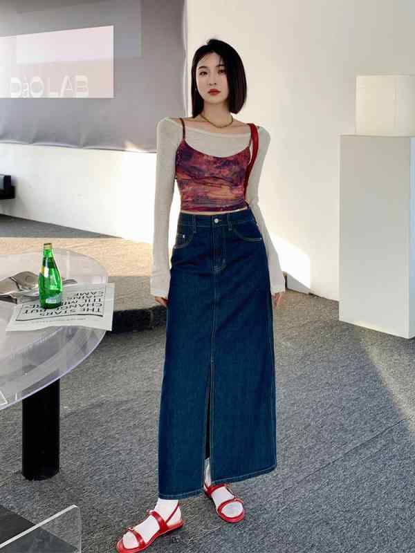 スカート 女性用 デニム 半身裙 高腰 ストレート スリット ロング 深青 綿 ストレッチ 洗い加工 ビンテージ 秋 シンプル 韓国風 快適 スリム ゆったり シルエット