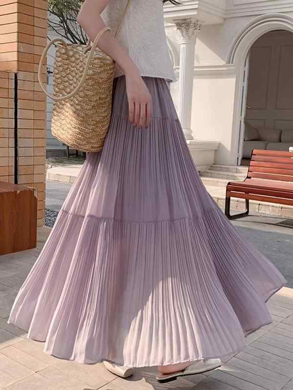 スカート 女性用 春夏 ロング 半身 プリーツ Aライン シフォン レース 切り替え 無弾性 軽量 垂れ感 スリム フレア シルエット 浅紫 ホワイト ブラック 清新 甘め 優しい風