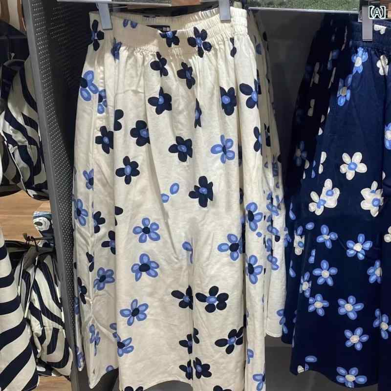 スカート 女性用 夏用 綿麻混紡 Aライン 中丈 花柄 フラワープリント ラッパースカート 花柄スカート 乳白色 深ブルー ピンク系 ネイビー ストライプ 吸湿速乾 軽量 伸縮性 私服 フェミニン かわいい 普段使い