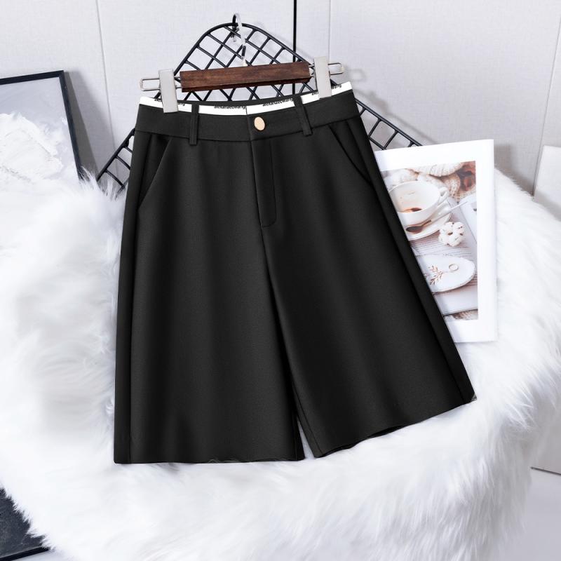 レディース ハーフパンツ スーツ風 ショートパンツ 春夏 高腰 スリム効果 Aライン ストレート ゆったり ワイドレッグ 気質 通勤 普段使い ポケット ポリエステル 中厚 無弾性 ブラック