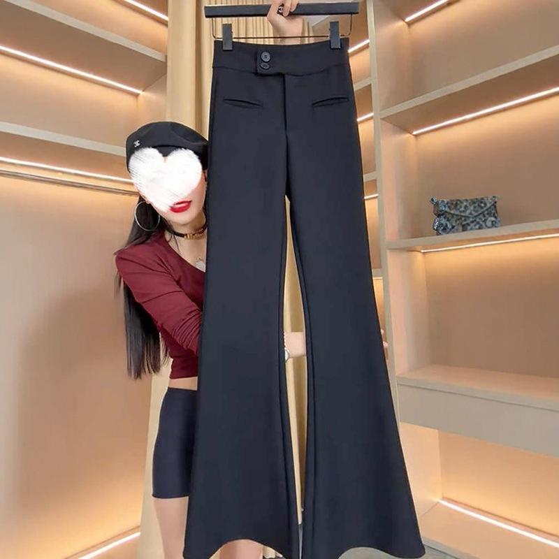 レディース 西装パンツ 春秋 2025 マイクロフレア ハイウエスト スリムフィット ストレッチ ロングパンツ 気質通勤 ポケット ポリエステル 中厚 微弾力 切り替え デイリーオフィス ブラック 女性用 修身 足長効果 軽量素材 吸湿速乾 ビジネスカジ