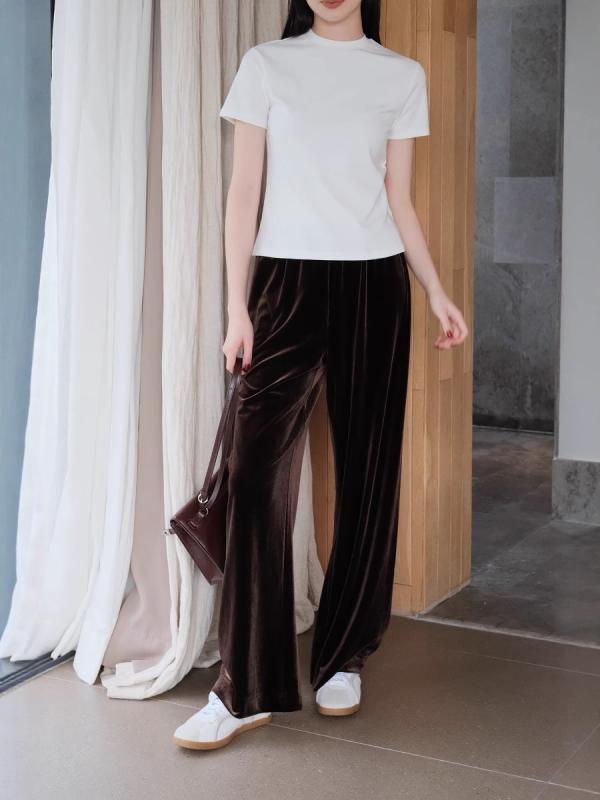 レディース 直筒パンツ ワイドレッグ ロングパンツ 高腰 垂感 シルク調 ポリエステル 混紡 無弾性 中厚 快適 普段使い シンプル ブラック 深ブラウン 春夏 ユーロスタイル 韓国風 ゆったりシルエット 通勤 外出 リラックス
