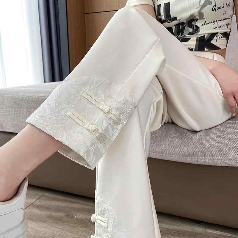 レディース 直筒パンツ 女性用 春夏 九分丈 高腰 刺繍 国風 切り替え 米白色 ブラック 通勤 普段使い 快適 軽量 中弾性 薄手 ポリエステル 立体パターン 気質 ステッチ クロップド スリム フィット コットン風 吸湿速乾 アクティブ ビジネス カ