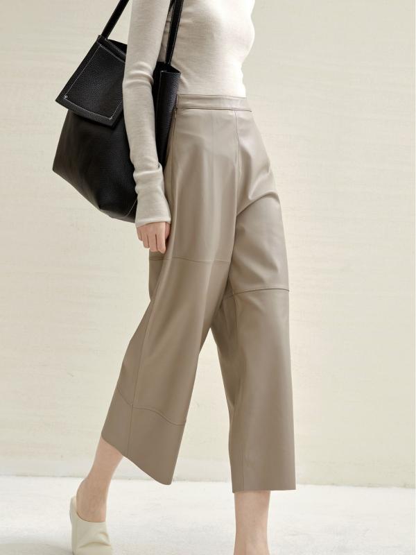 レディース ワイドパンツ 羊皮 真皮 革パンツ 直筒 九分丈 高腰 切り替え ポケット ブラック グレー 秋冬 街頭 個性 無弾性 軽量 快適 普段使い 秋 ウィンター|トミーショップ 店