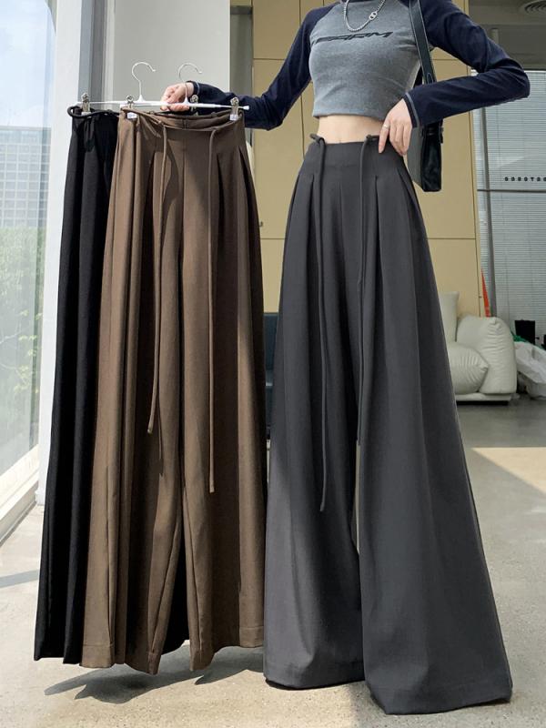 レディース スーツ ワイドパンツ 春夏 秋冬 ハイウエスト ロング丈 ゆったり 垂感 綿混 ストレッチ ポケット デザイン グレー ブラック ブラウン コットン 素材 ゆったりシルエット 通勤 普段使い カジュアル