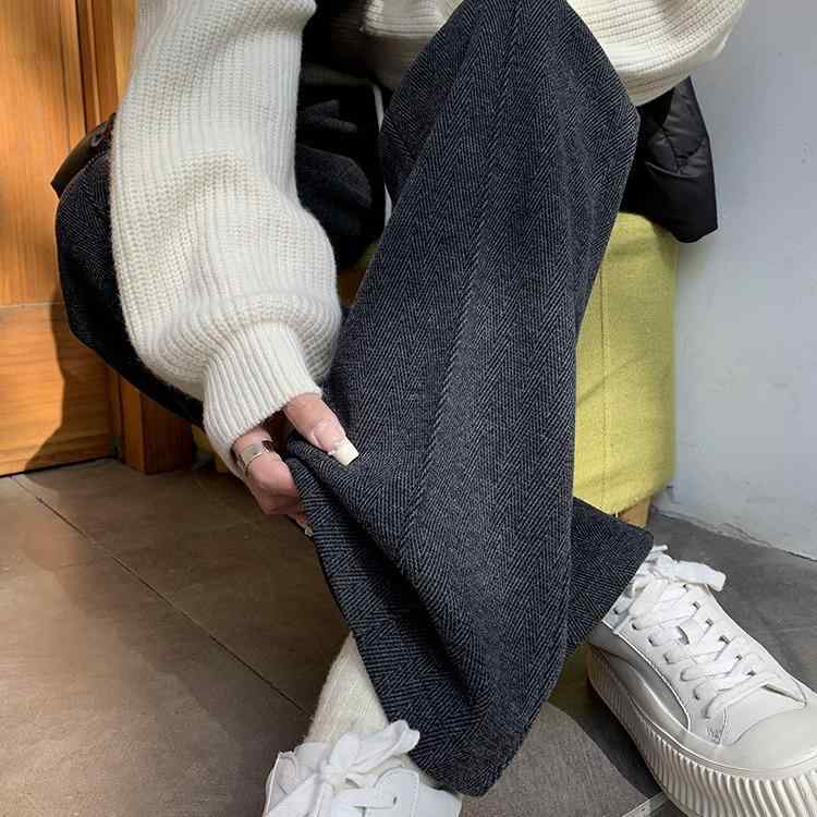 レディース 秋冬 西装パンツ 高腰 直筒 ワイドレッグ 厚手 ウール調 ストレッチ 快適 普段使い 杏色 グレー系 ビッグシルエット ゆったり 暖か ビジネスカジュアル 膝下丈 サイドライン 切り替え 再生繊維