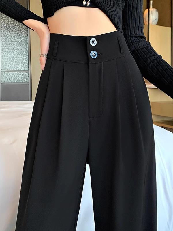 レディース ワイドパンツ スーツパンツ ハイウエスト 直筒型 垂感 スリム効果 長ズボン 通勤用 気質スタイル 快適カジュアル ポケット付き ポリエステル 再生繊維 微弾性 ノーアイロン ミッドウェイト ブラック ダークグレー ホワイト ブラウン 春夏