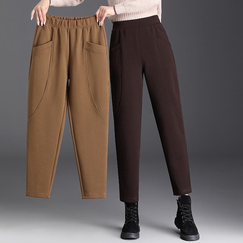 レディース 秋冬 ハーレムパンツ 女性用 コットン ポリエステル 混合 素材 高腰 九分丈 直筒型 ワイド シルエット ブラック カラーバリエーション 気質 通勤 スタイル 普段使い ポケット デザイン 中厚手 ミッドウェイト 伸縮性 中弾力 免?加工