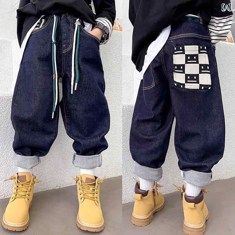 キッズ 男の子 中大童 牛仔 デニム 長ズボン 韓国風 秋冬 綿 柔らか素材 中腰 格子柄 純色 かわいい 春秋 冬 春 秋 ユニセックス 長パン ストレッチ 普段使い 学校用 110cm 120cm 130cm 140cm 150cm 160cm 17