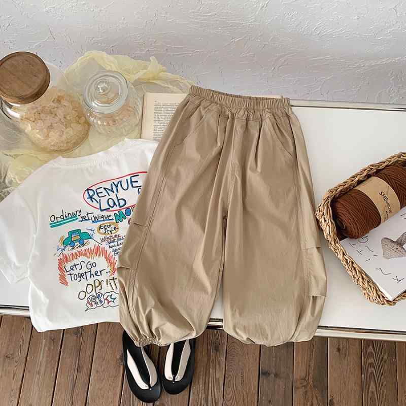 キッズ 男の子 女の子 夏季 休? 長ズボン 軽薄 防蚊 接触冷感 ポリエステル 柔軟 低腰 ゴムバンド ユニセックス 3～8歳 かわいい 潮風 カジュアル 普段使い 通園 通学 純色 ・柑其色 切り替え ピンチプリーツ 伸縮性 吸湿速乾 軽量 快適