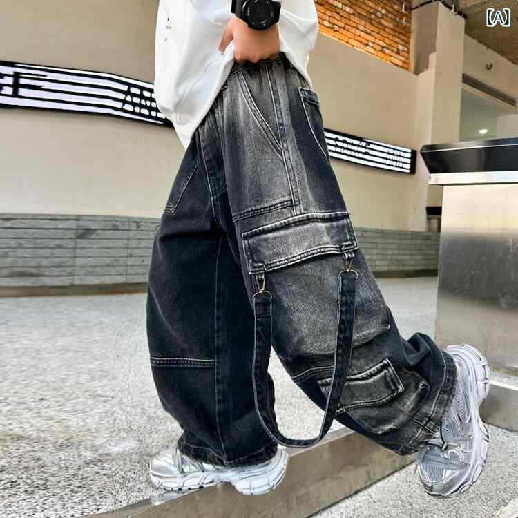 男児 牛仔パンツ キッズ 長ズボン 韓国風 秋冬 春秋 街頭スタイル ヒップホップ ダンス用 ワイドシルエット ハイウエスト ポリエステル デニム素材 ブラック 伸縮性 軽量 潮風 クールデザイン 8歳以上 中大童 通学用 普段使い アウトドア対応 切り