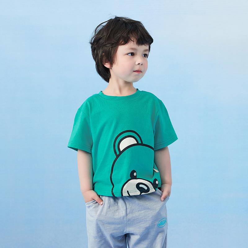 男の子 短袖 Tシャツ 子供 半袖 上衣 夏 純棉 綿100% 体操服 韓国風 クマ柄 丸首 深緑 柔軟 加工 ・柑通 柄 カジュアル スタイル 日常 着用 3～8歳 対応(x3)