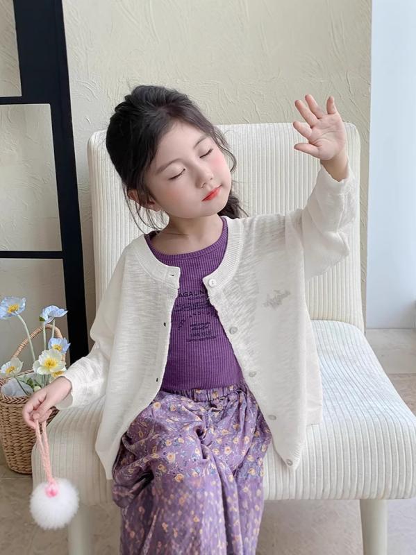 女児 カーディガン 女の子 子供 薄手 防紫外線 ニット 長袖 開き 夏 透気 綿素材 柔らか かわいい 純色 白色 100-150cm 室内 屋外 普段使い 軽量 伸縮性 接触冷感 吸湿速乾 田園 プリンセス スタイル 3-8歳