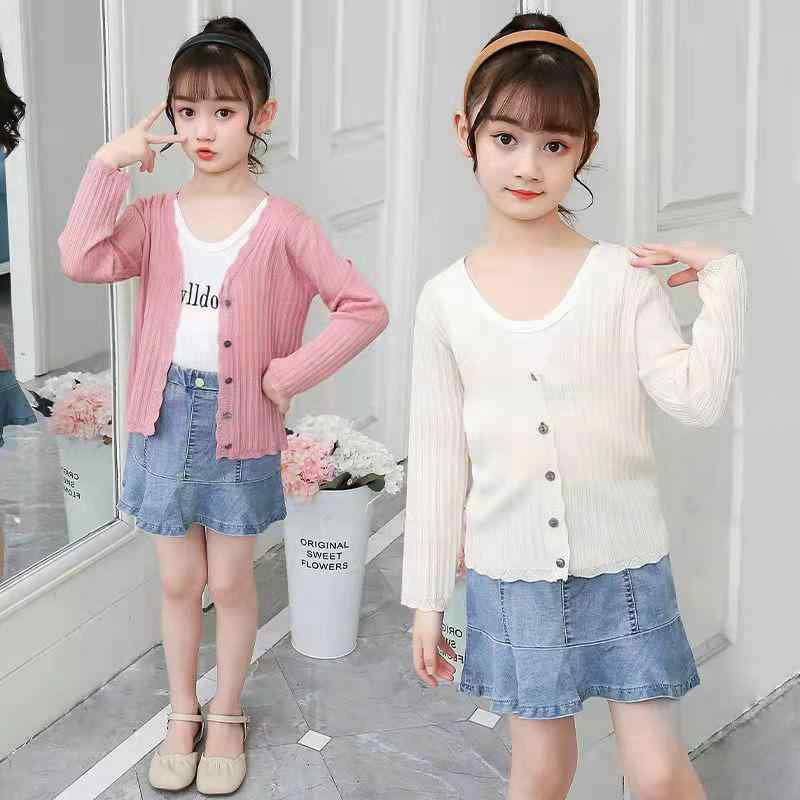 女の子 カーディガン 薄手 長袖 開襟 Vネック ニット トップス 子供服 かわいい 接触冷感 柔らかい 再生繊維 切り替え 花辺 シンプル ピンク 紫 ホワイト 春夏 秋 紫外線対策 室内着 通学 普段使い 3～8歳 女児 アウター