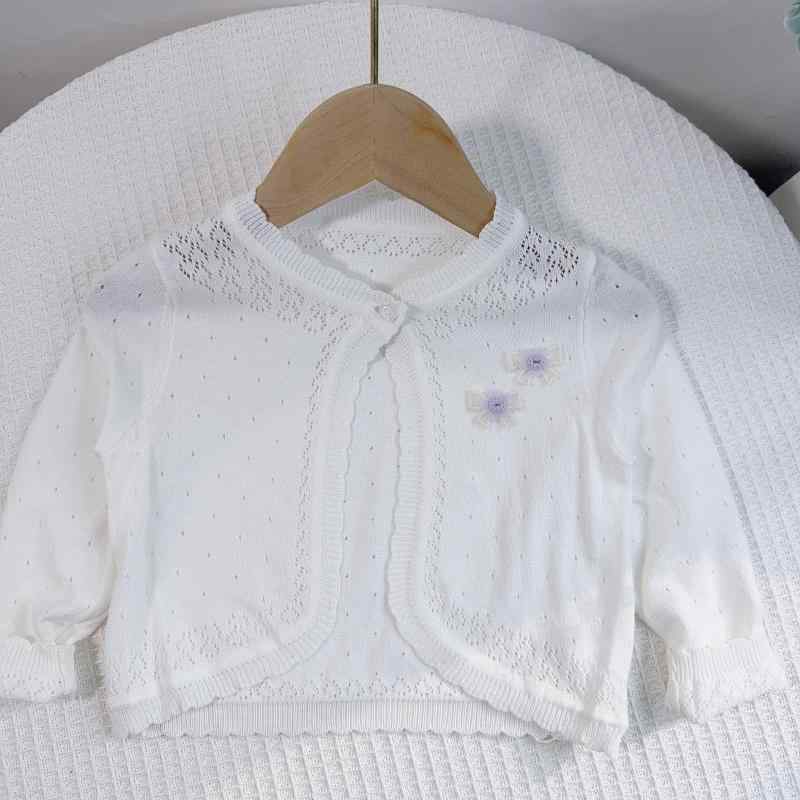 女の子 ニット カーディガン 春夏 薄手 長袖 開き 綿 素材 柔らかい プリンセス スタイル 花柄 リボン 装飾 子供 防紫外線 軽量 快適 トップス かわいい デザイン 3~8歳 対応