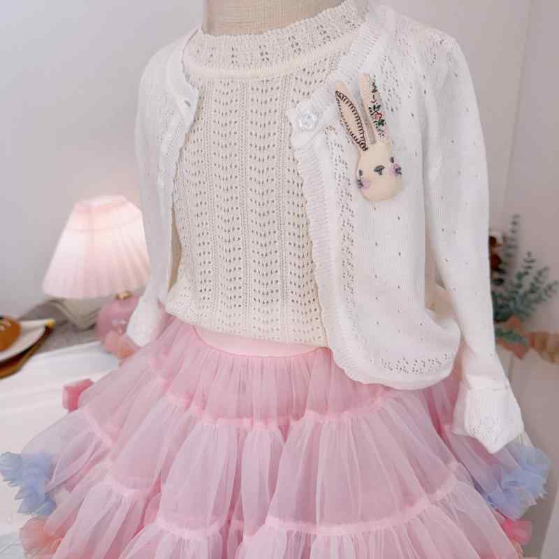 女児 開襟 薄手 夏用 ニット 空調 切り抜き 防晒 ショール ベビー 子供 かわいい 外套 長袖 綿素材 柔軟 プリンセス スタイル ピンク イエロー ホワイト 通気性 軽量 細ヤーン 丸首 3～8歳 100～140cm 春秋夏秋 ユニセックス