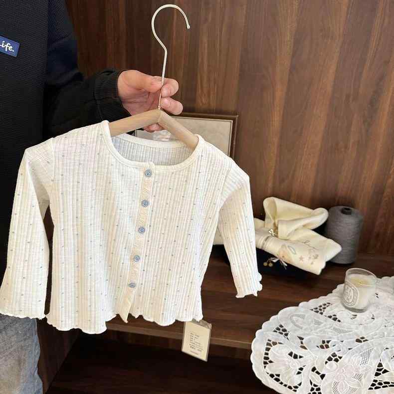 女児 開衫 女童 春夏 秋 コットン 長袖 薄手 防晒衣 外套 かわいい 丸襟 丸点柄 花辺 印花 切り替え ピンク系 アイボリー 柔軟素材 長め丈 普段使い 部屋着 アウトドア 伸縮性 吸湿速乾 軽量 安全素材
