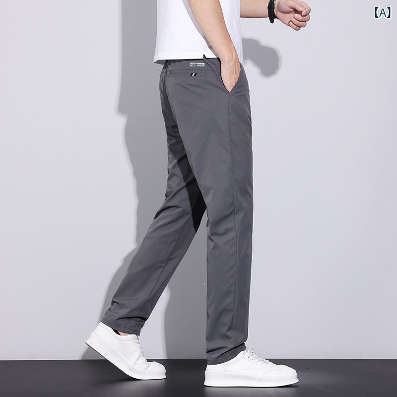 メンズ 夏用 薄手 軽量 接触冷感 直筒パンツ 長ズボン ミドルウエスト ポリエステル 吸湿速乾 イージーケア 無弾性 純色 ビジネスカジュアル 普段使い デイリー ディープグレー ブラック ベージュ スモールレッグ ファッション スタイリッシュ 快適