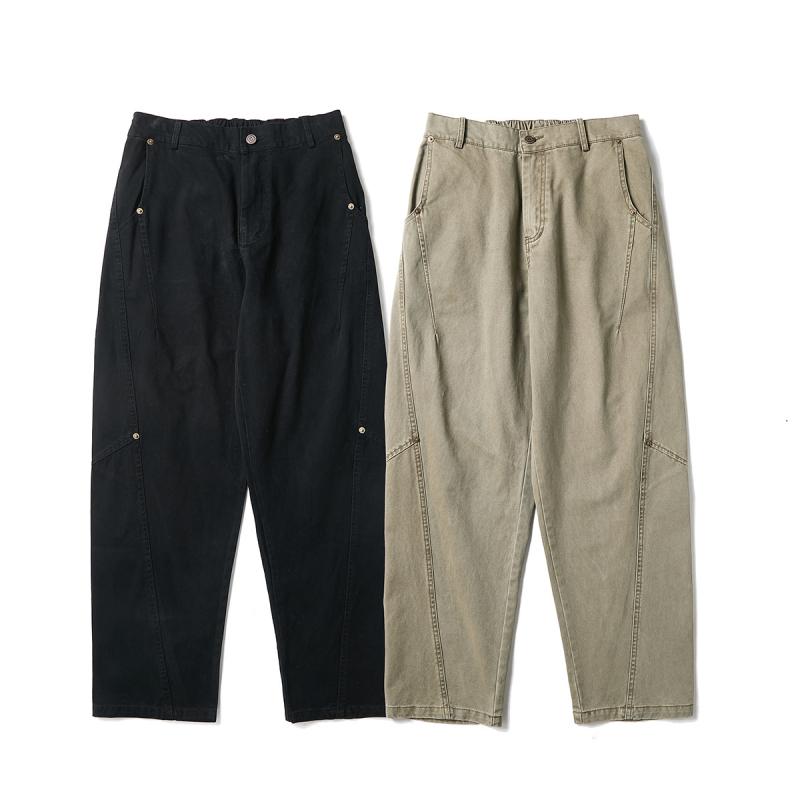 メンズ 工装パンツ コットン 100パーセント ワイドレッグ ミッドライズ 直筒 春季 ミリタリーグリーン ブラック 微弾性 切り替え デザイン リベット 詳細 ゆったり シルエット 日常 使い 軽量 素材 吸湿性 速乾性 伸縮 性 通勤 外出 対応 カ