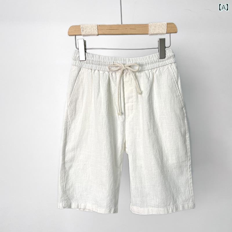 メンズ ショートパンツ 麻素材 夏用 綿麻 直筒型 ハイウエスト 薄手 通気性 無弾力 日常 ビジネス カジュアル 八分丈 ワイドシルエット 外履き 白色 ベージュ グレー ネイビー ブラック ポケット 切り替え ステッチ バッジ リベット プリーツ ピ｜トミーショップ 店