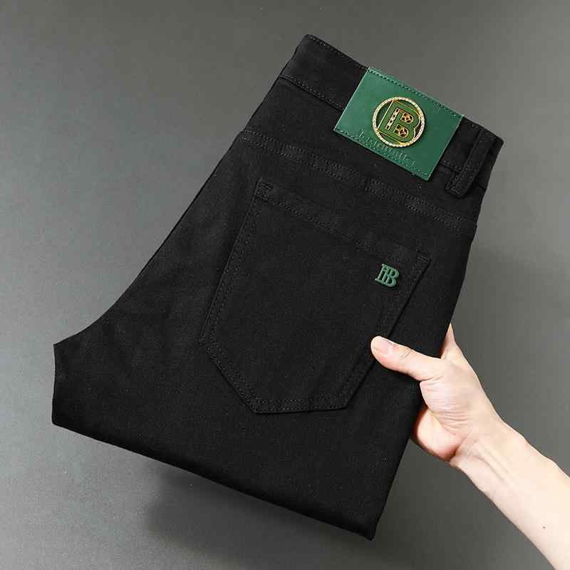 メンズ 九分 牛仔パンツ ブラック 直筒 薄手 弾力 モダール ウサギ毛 ミックス 春 ミッドライズ ジップフライ 軽量 伸縮性 酵素洗い 立体裁断 金属装飾 ミリタリーテイスト カジュアル 普段使い デイリーウェア