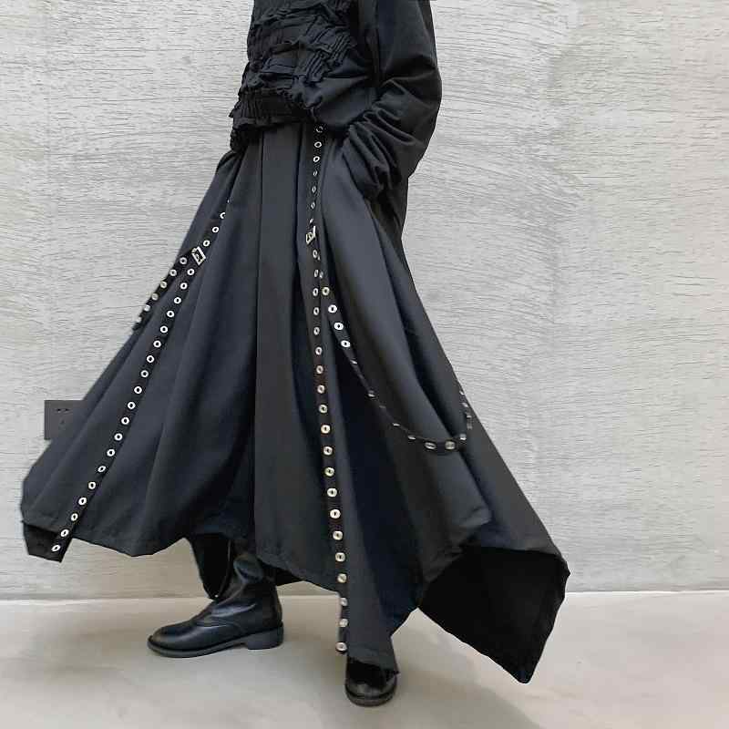 メンズ ワイドパンツ コットン ブラック ミッドライズ ドローストリング ベルボトム ゆったり ロング丈 ラフ ストリート ファッション 個性派 ユニセックス コーマルチ 快適 普段使い 秋冬 デイリー コーデ
