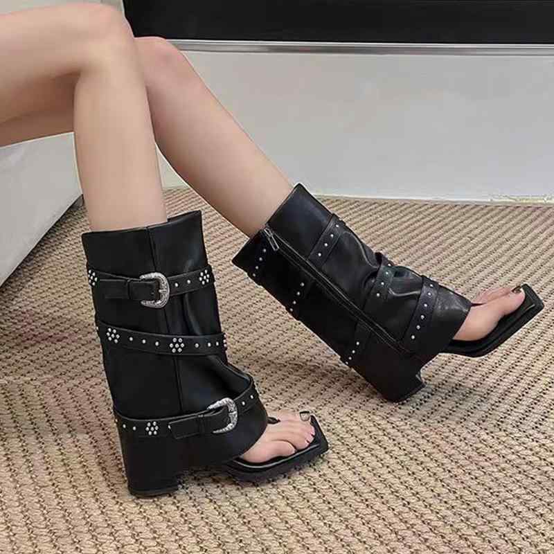 女性用 ファッション ブーツ メンズライク ショートブーツ 女性用 復古 スクエアトゥ ミドルヒール トゥオープン サンダル 女性用 デニム風 防水台 ミッドカーフ スタンダード厚 スリップオン ソリッドカラー ブラック 超繊維 素材 ラバーソール 春夏 6,277円