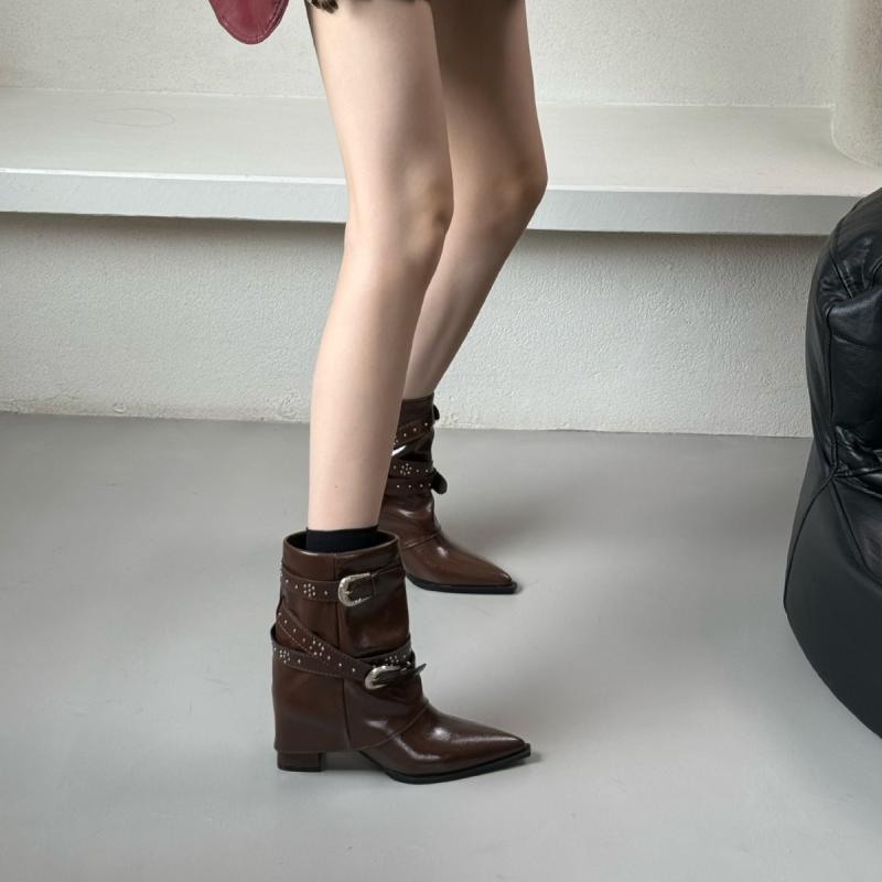 ズボン下ブーツ 成人女性用 通い 尖頭 粗中踵 流行り物 ブーツ 革調 超衣料繊維 ラバーソール セットオン 増高 ミッドカーフ 普通厚 純色 黒いこと 赤銅色 ベージュ 秋冬 春夏 通年