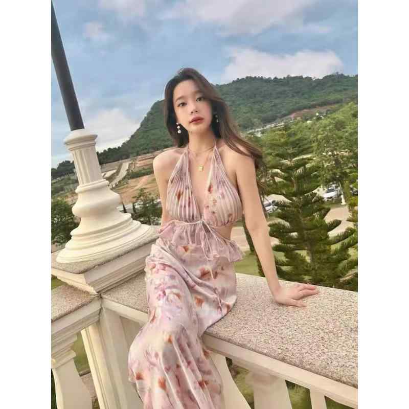 レディース ワンピース ハルネック Vネック ロング丈 Aライン ノースリーブ セクシー ファッション 露腰 露背 度假 リゾート スタイル プリント柄 ポリエステル 素材 夏 かわいい 女性用 ドレス ビーチ ウェア 軽量 通気性 デザイン トップス ｜トミーショップ 店