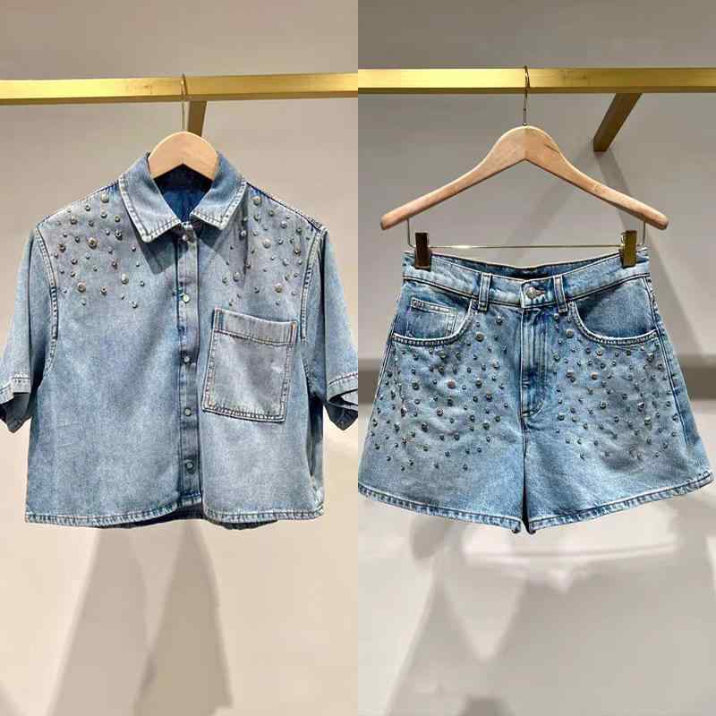 レディース デニム セットアップ 短袖 シャツ ショートパンツ 牛仔風 ストリートスタイル 女性用 綿素材 純色 切り替えデザイン 軽量 伸縮性 吸湿速乾 春夏 普段使い セット トップス ボトムス ハイウエスト ビッグシルエット ブラック ピンク系 ア