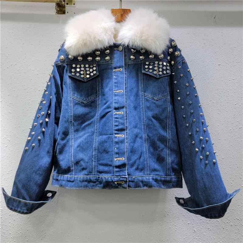 コート 女性用 冬 デニム 厚手 ジャケット ワイドシルエット スリム効果 ファー付き 着脱可能 ポリエステル コットン ポロカラー 長袖 シングルブレスト 立体装飾 ミッドウェイト ストリートスタイル 欧米風 ブルー 個性派 普段使い 軽量 吸湿速乾|トミーショップ 店