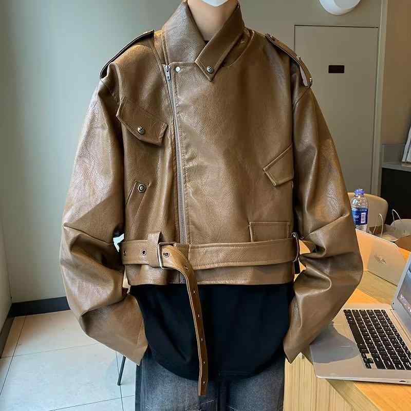 メンズ ライダースジャケット PUレザー 合体型 翻領 ジッパー開閉 多口袋 立体貼袋 直下? 短丈 秋冬 春秋 休? 青少年 免? ブラック ・稀色 通勤 普段使い アウトドア 伸縮性 軽量