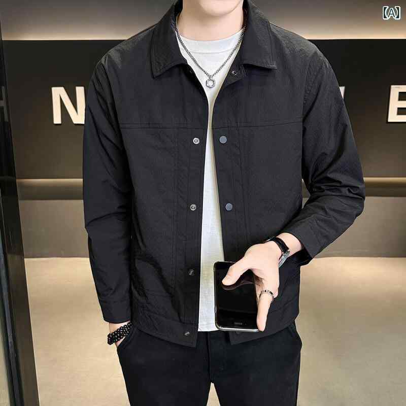 メンズ 上衣 春 シングル乳ぶさ 純色 照明ランプ色合い 風変わり原料品 厚地の外套 軽さ 黒いこと ベージュ 長袖 春夏 役立つこと性 伸縮性 吸湿速乾 通い用 アウトドア 普段使い走り メンズアウター 流行り 厚地の外套上衣