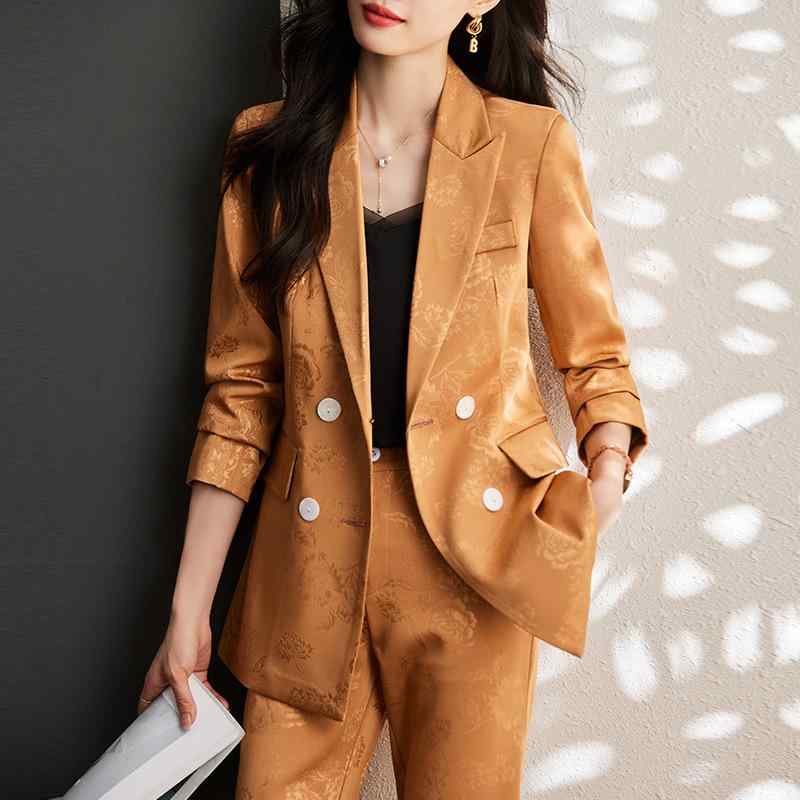 OL表現スタイル 成人女性用 小西装 セットアップ 技能服 秋冬 通い 綿織物原材料 長袖 収腰 うつり変わり 刺しゅう かざり付ける 人となり 黒いこと 緑であること 杏色 オレンジ色 軽さ 伸縮性 仕掛ける トップス ズボン下 座標
