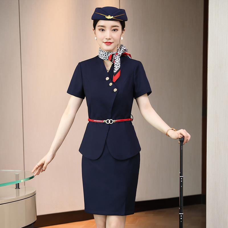 職業女性 スカートスーツ セット OL 通勤 コットン 素材 収腰 デザイン 小西装 短袖 トップス 膝丈 スカート グレー ブルー 刺繍 装飾 コットン 混紡 吸湿性 快適 着用 夏 春夏 秋冬 通年 対応 女性用 25 代 向け ビジネス スタイル