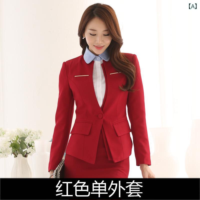 秋冬 女性用 スーツセット OL 通勤服 ホテル 受付 制服 職業 事務服 ジャケット スカート パンツ セット ポリエステル スパンデックス ストレッチ 素材 ボタン ポケット 切り替え デザイン 赤 黒 カラー 選択可 軽量 通勤 通年対応