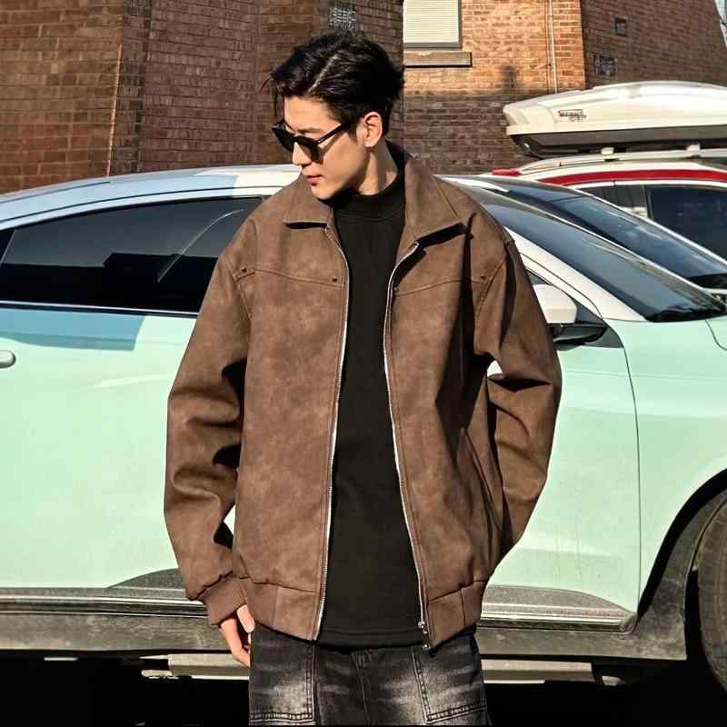 メンズ ジャケット 春秋 ユニセックス 革風 ビンテージ スタッド 付け 野球風 トップス カップル スタイル プルオーバー ヒップホップ ルーズフィット ジップアップ ノーハット 厚手 ソリッドカラー 長袖 スタンドカラー PU素材 ポリエステル 日常