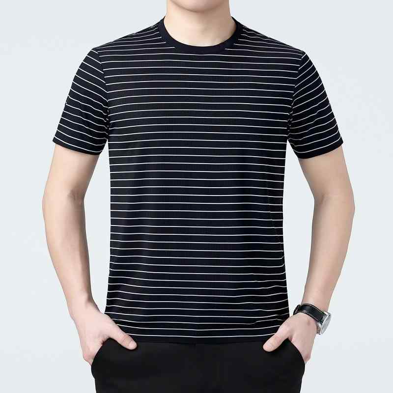 メンズ Tシャツ 夏季 真絲 短袖 ポロシャツ ビジネス 休? 合体型 圓領 条紋 薄款 白色 ブラック 透氣 防皺 吸湿排汗 快適 スタイリッシュ 上衣 成人 青年 中年 老年 日常 通勤 普段使い 軽量 接触冷感 再生繊維 高級感 クラシック ファッ