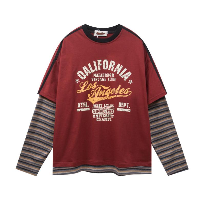 メンズ Tシャツ 長袖 トップス 綿 100% ストリップ 切り替え 無地 プリント 文字柄 丸首 ルーズフィット ゆったり シルエット 街着 カジュアル 日常使い 黒 赤 春夏 秋冬 通年 軽量 通気性 吸湿速乾 ストレッチ レイヤード コーディネート