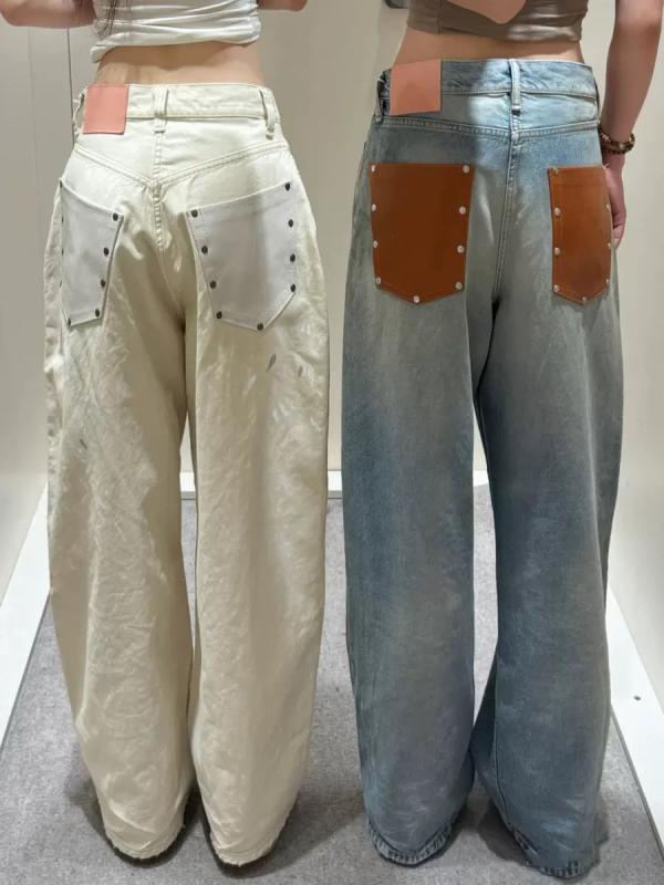 レディース 牛仔パンツ ハイウエスト 直筒 復古 切り替え 卯? プレーツ 加工 ドゥードゥ デザイン コットン 素材 米白色 ライトブルー 夏 トレンド ストリート スタイル 長ズボン 基本デザイン 無弾性 通常厚み