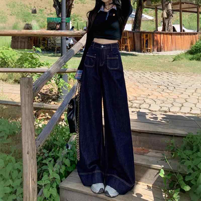 デニムパンツ 女性用 秋冬 ワイドレッグ 高腰 長丈 ストレート 牛仔布 デニムブルー ゆったり 寛松 快適 デニムスタイル 日韓カジュアル 軽量 伸縮性 普段使い 通勤用